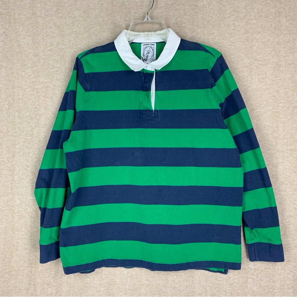 🚨 SOLD🚨Lands End Rugby Polo Shirt Womens XL 18 Green Navy Stripe Long Sleeve